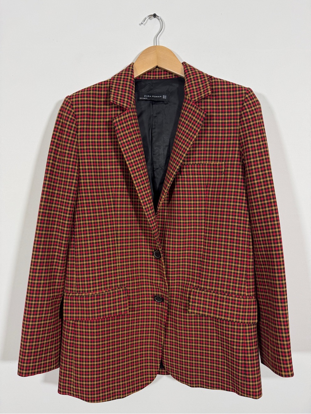 WJT38 {Zara} Red Black Plaid Long Length Boyfriend Blazer Suit Coat